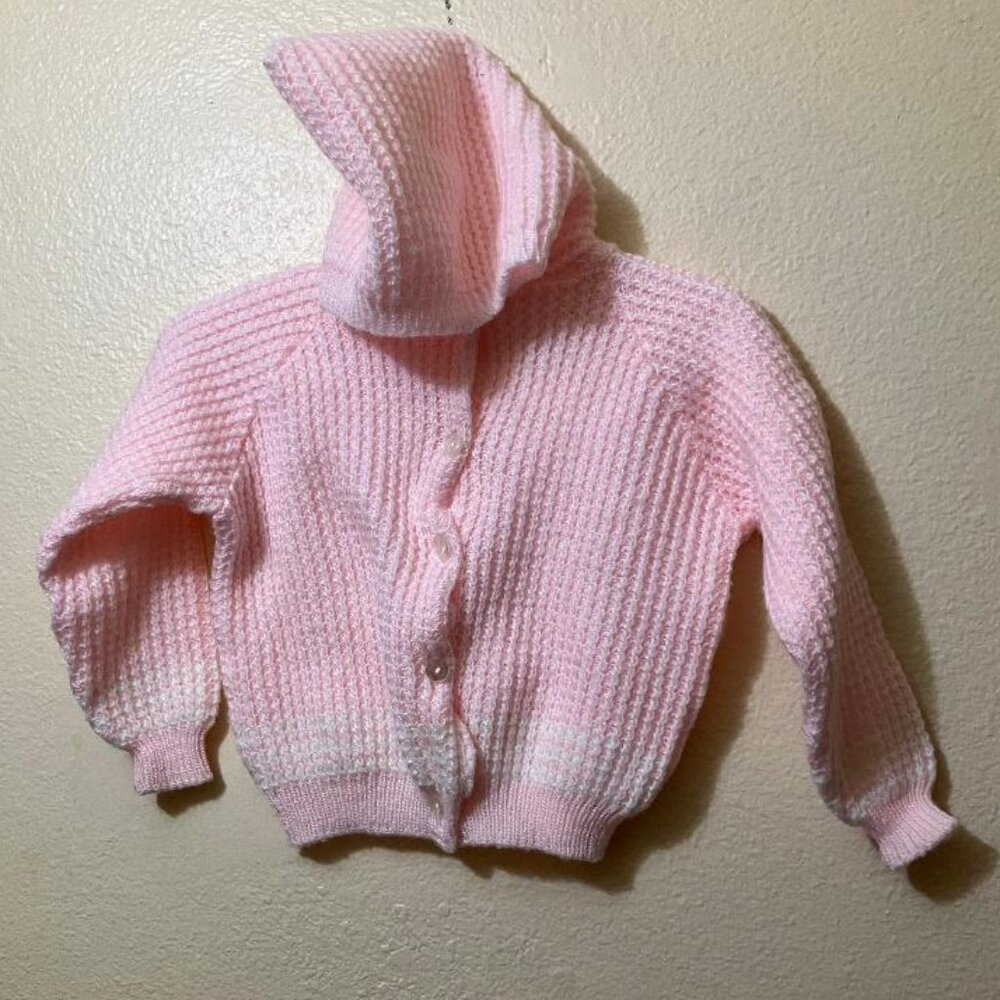Vintage Kmart Baby Pink/White Knit Hooded Button Up Sweater Size 18-24 Months